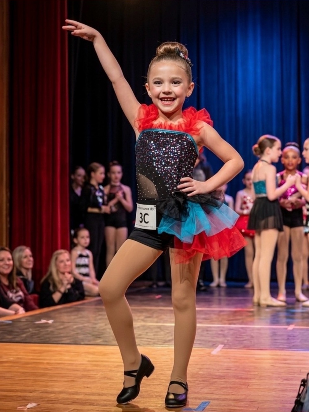 Kids Sequin Dance Costume - Black, Red & Blue